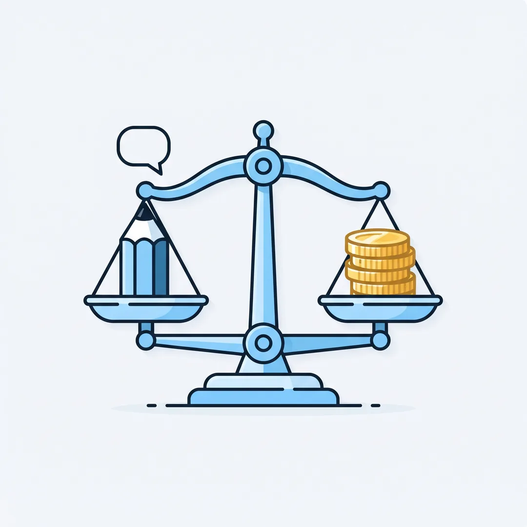 Bilancia in equilibrio con una matita e un fumetto su un piatto e monete dorate sull'altro